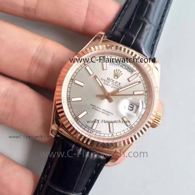 Best Replica Rolex DAY DATE Black Leather Strap Rose Gold Watch